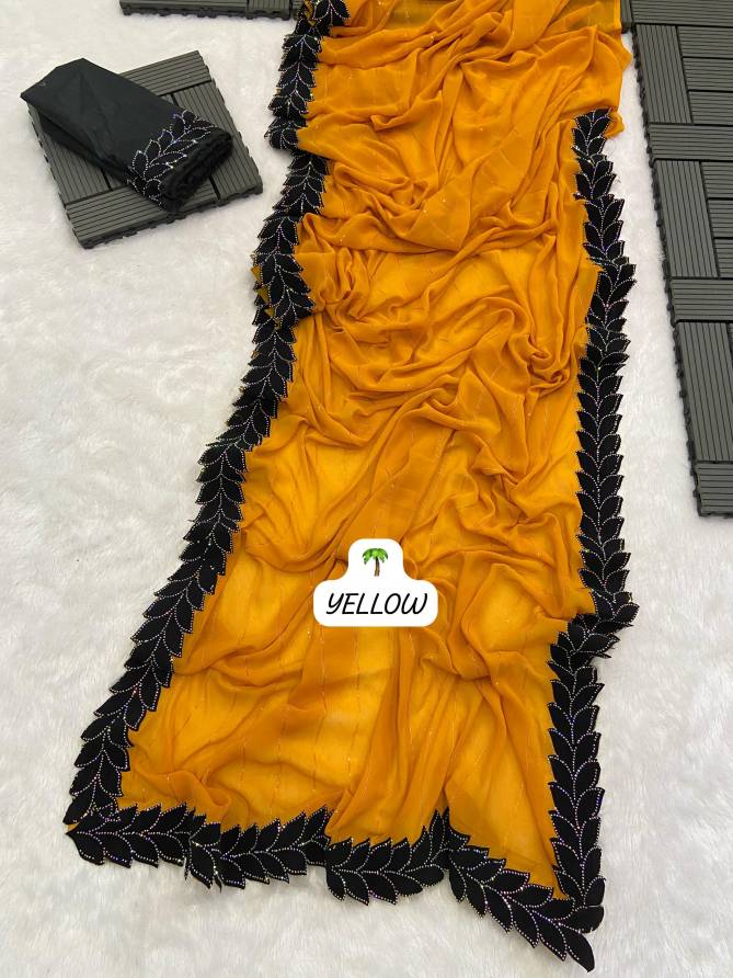 Saree Designer avec bordure noir strass– Orange