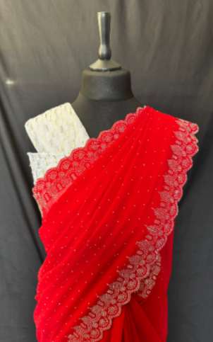 Saree Georgette avec bordure strass diamant – Rouge