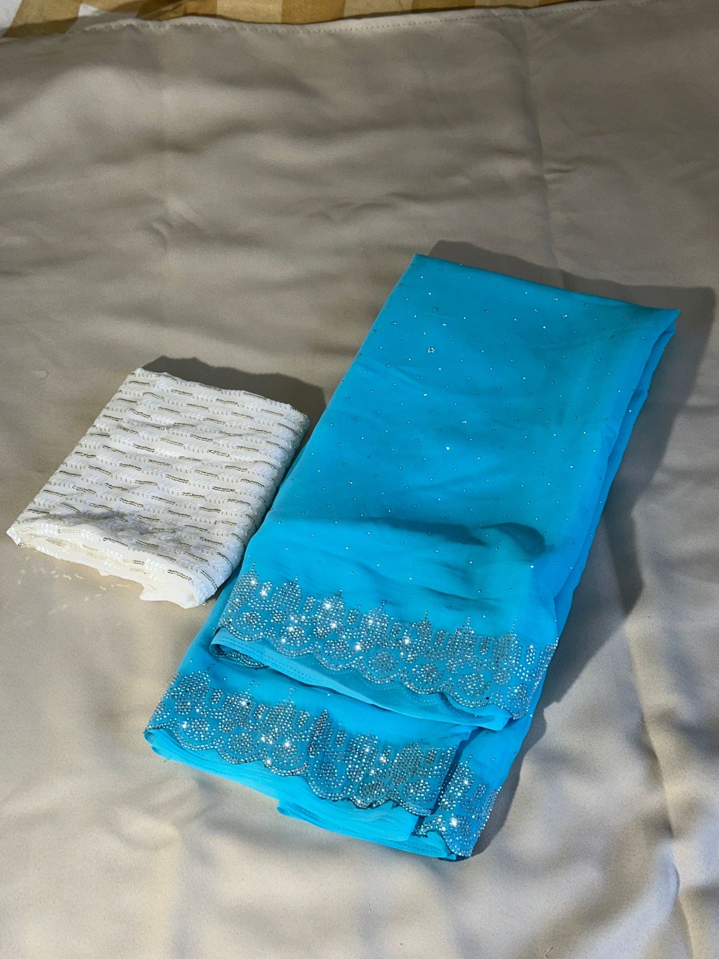 Georgette Saree with rhinestone border Blue