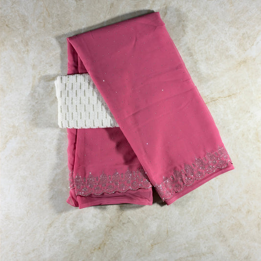 Saree Georgette avec bordure strass diamant - Rose
