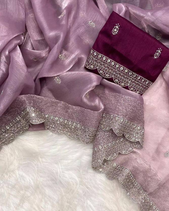 Saree fluide pastel brillant avec blouse contrastée – Violet Mauve