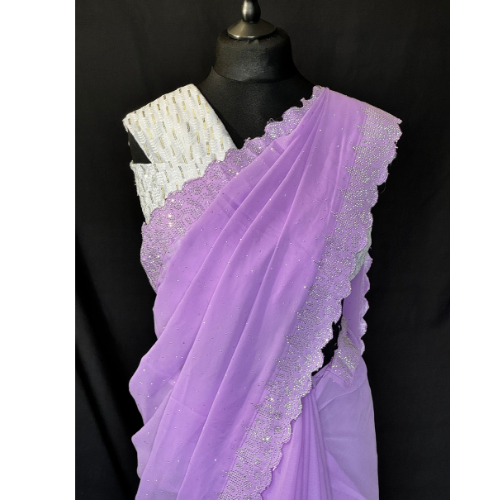 Georgette Saree with rhinestone border light Violet