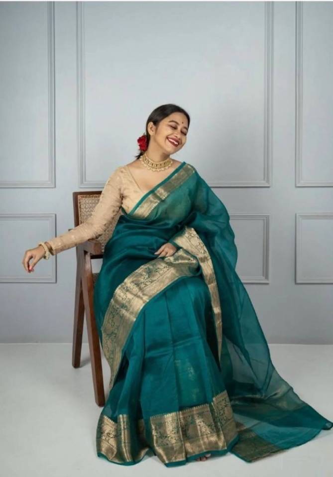 Saree Organza fin avec bordure antique – turquoise