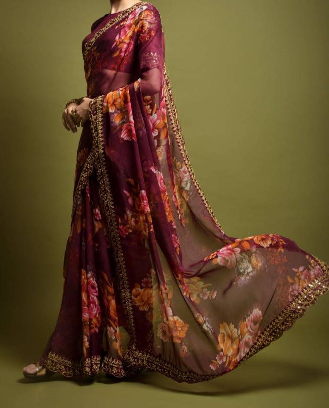 Saree Florale Georgette avec bordure - Violet