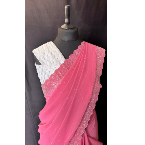 Saree Georgette avec bordure strass diamant - Rose