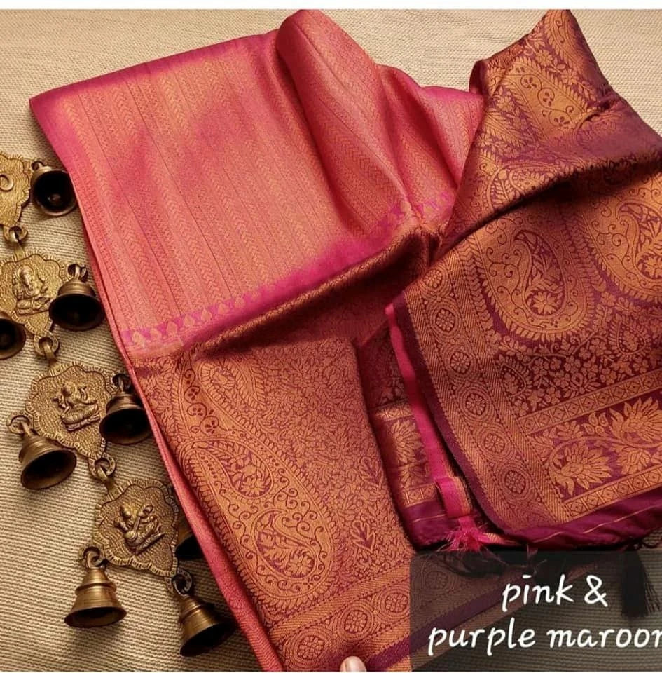 Saree Soft silk traditionnelle léger et fluide avec bordure contrasté – Rose / Rouge