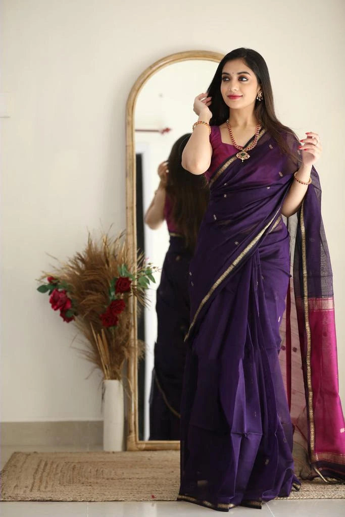 Saree Cotton fin simple – Bleu Violet