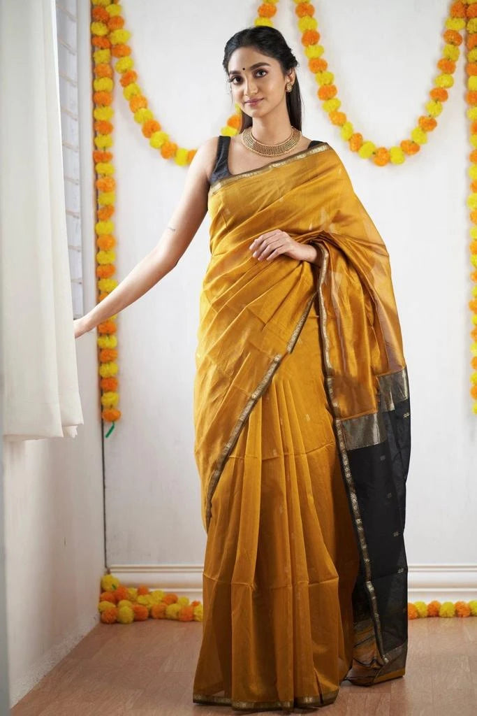 Saree Cotton fin simple – noir moutarde