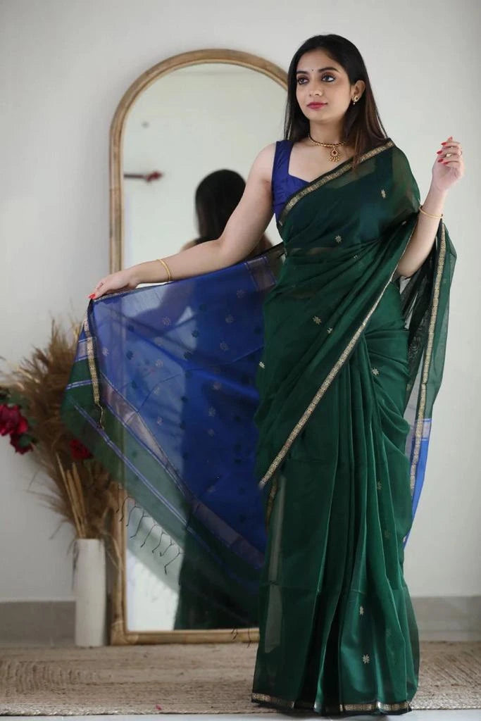 Saree Cotton fin simple – Vert Bleu