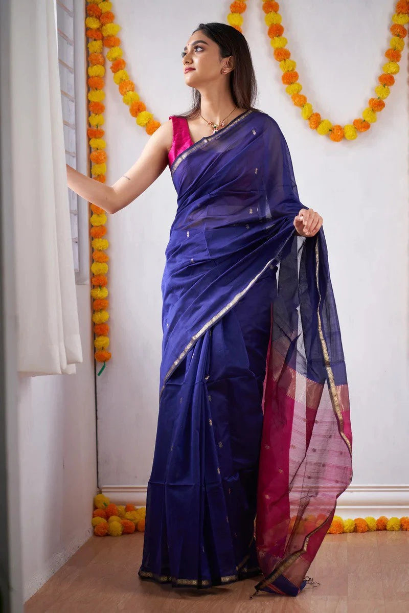 Saree Cotton fin simple – Bleu rose