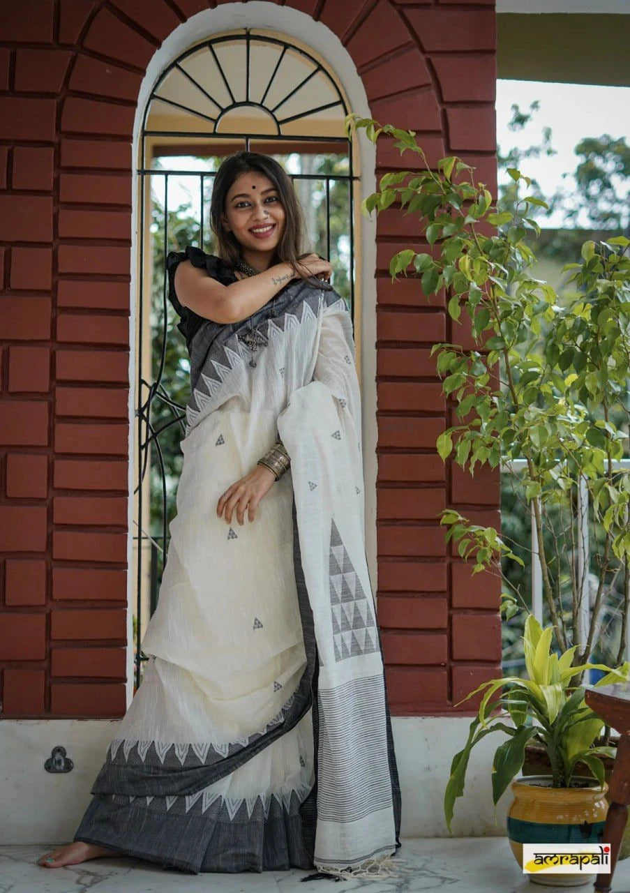 Saree Cotton simple - Blanc Gris