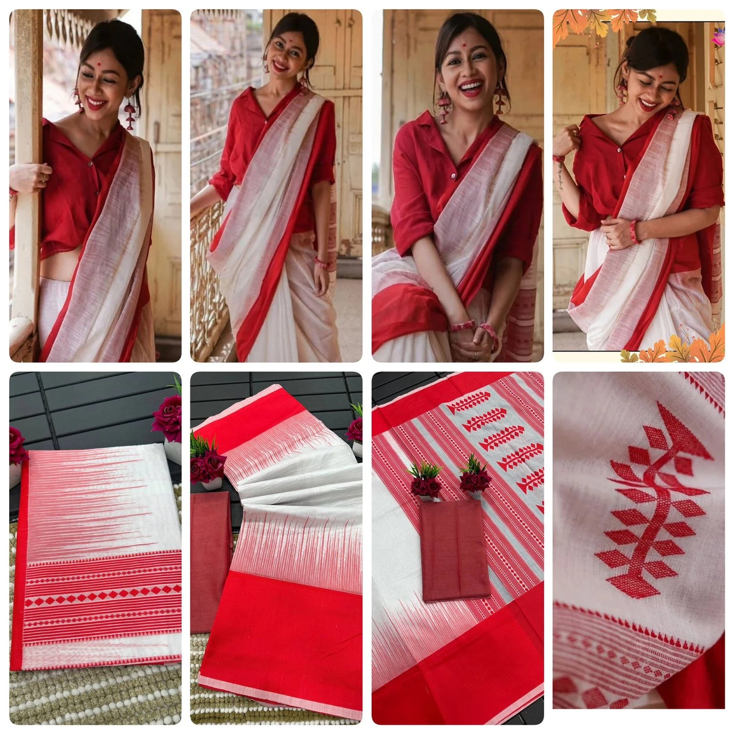 Saree Coton simple - Blanc Rouge