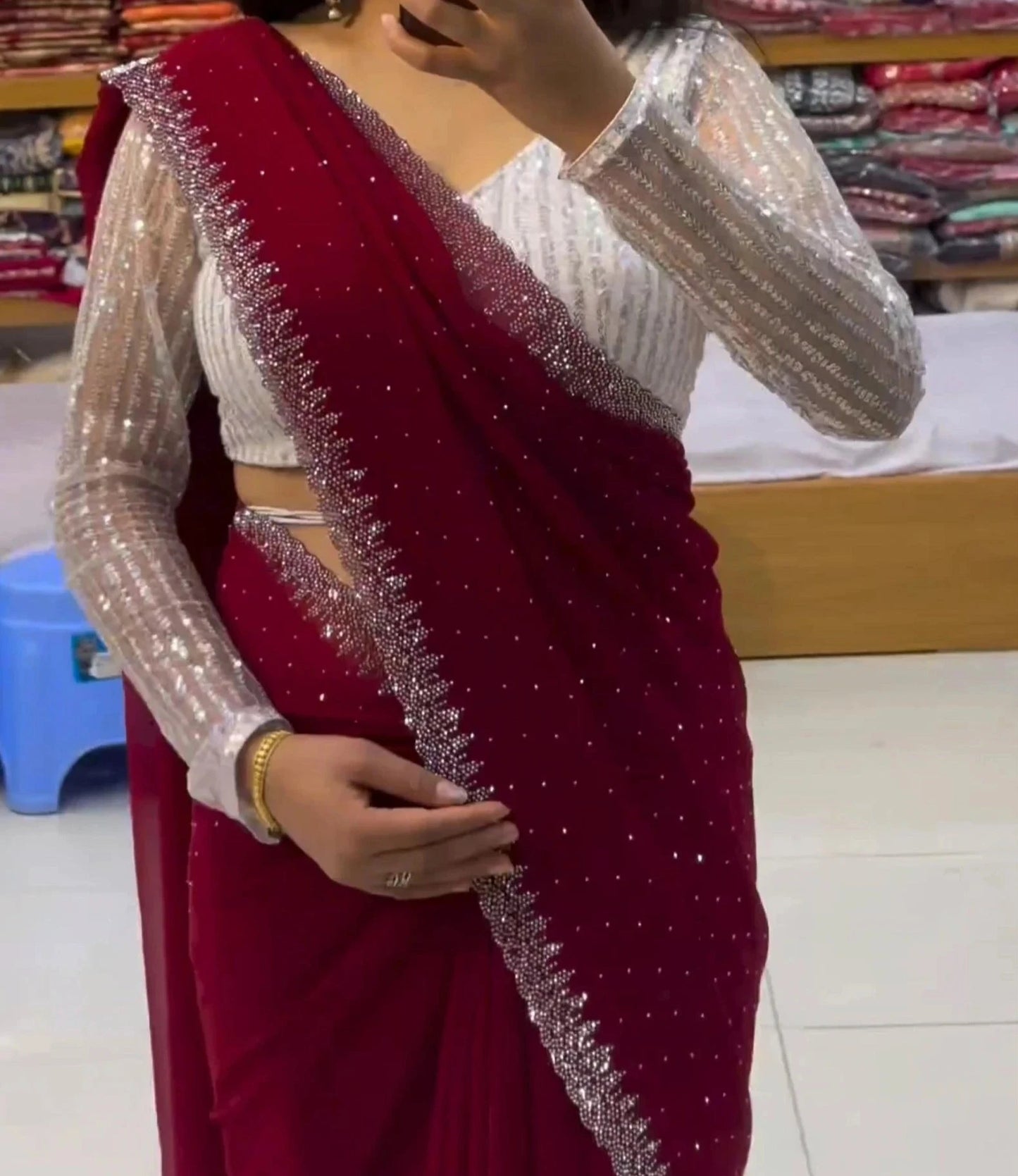 Georgette Saree with rhinestone border Deep red