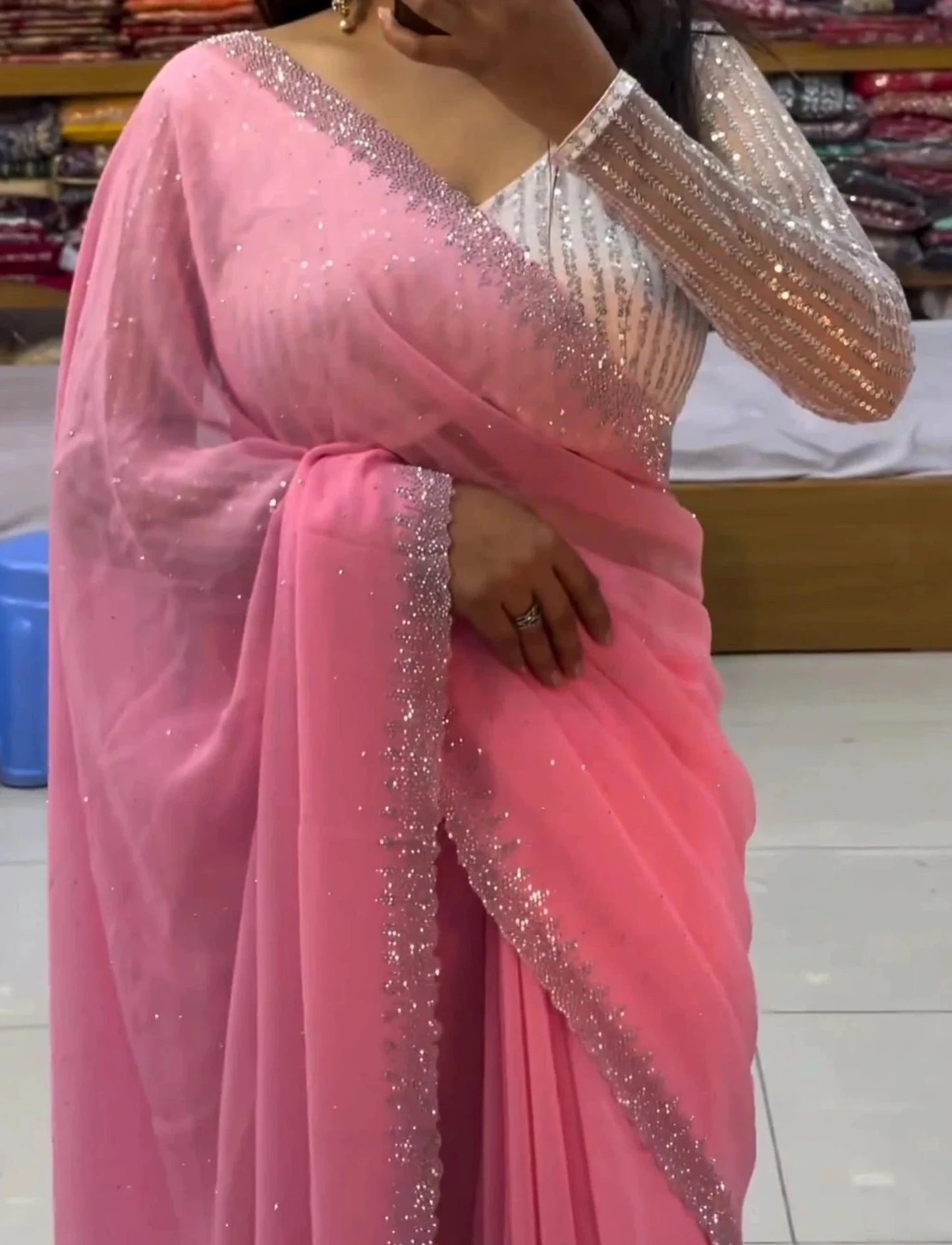 Gerogette Saree with rhinestone border Pink