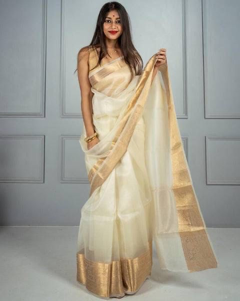 Saree Organza fin avec bordure antique – blanc