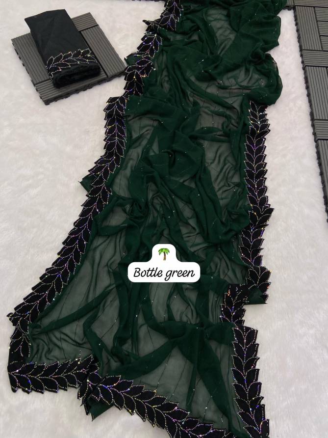 Saree Designer avec bordure noir strass– vert