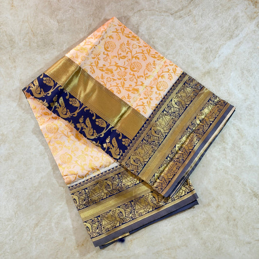 Soft silk saree - Beige with border blue