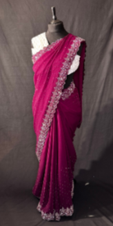 Georgette Saree with rhinestone border Plum