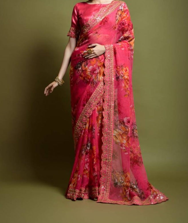 Saree Florale Georgette avec bordure – Rose