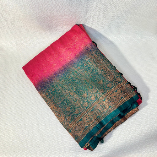 Soft silk Saree Coral with bottle green big border