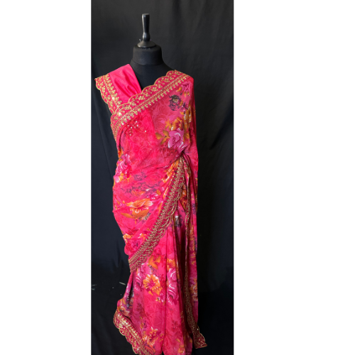 Saree Florale Georgette avec bordure – Rose