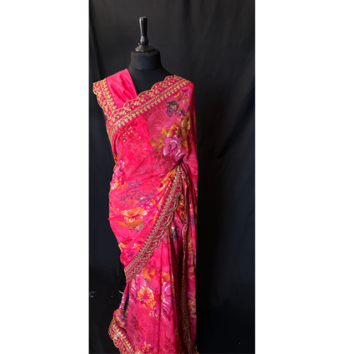 Saree Florale Georgette avec bordure – Rose