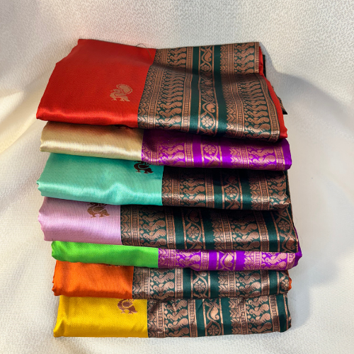 Saree traditionnel avec bordure bronze – Jaune / Vert