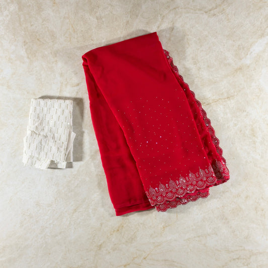 Saree Georgette avec bordure strass diamant –  Rouge