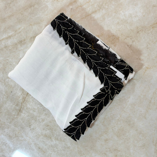 Saree Designer avec bordure noir strass– Blanc