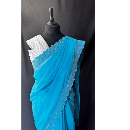 Saree Georgette avec bordure strass diamant - Bleu clair