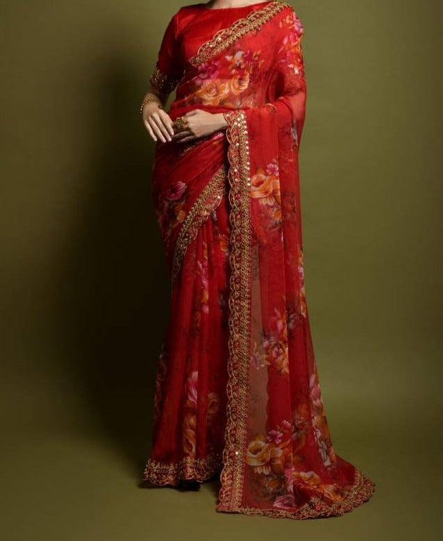 Saree Florale Georgette avec bordure – Rouge