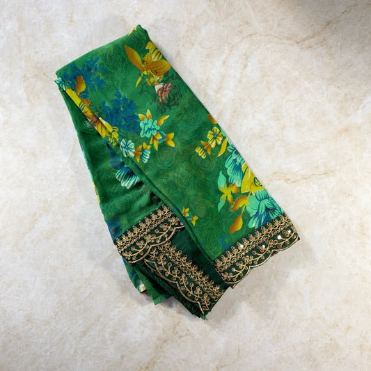 Saree Florale Georgette avec bordure - Vert