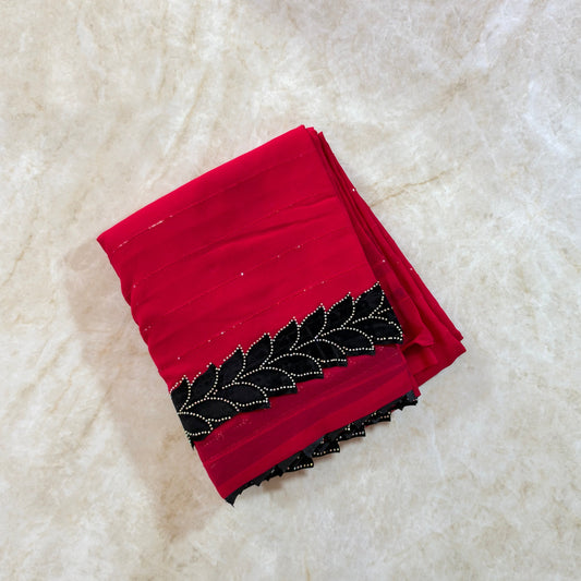 Saree Designer avec bordure noir strass– Rouge