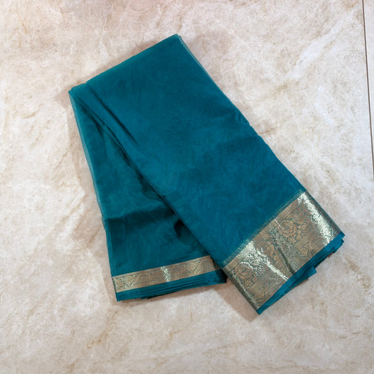 Saree Organza fin avec bordure antique – turquoise