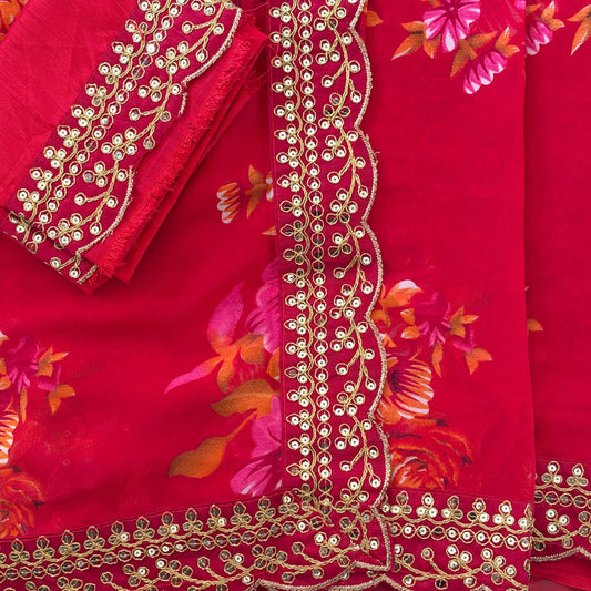 Saree Florale Georgette avec bordure – Rouge