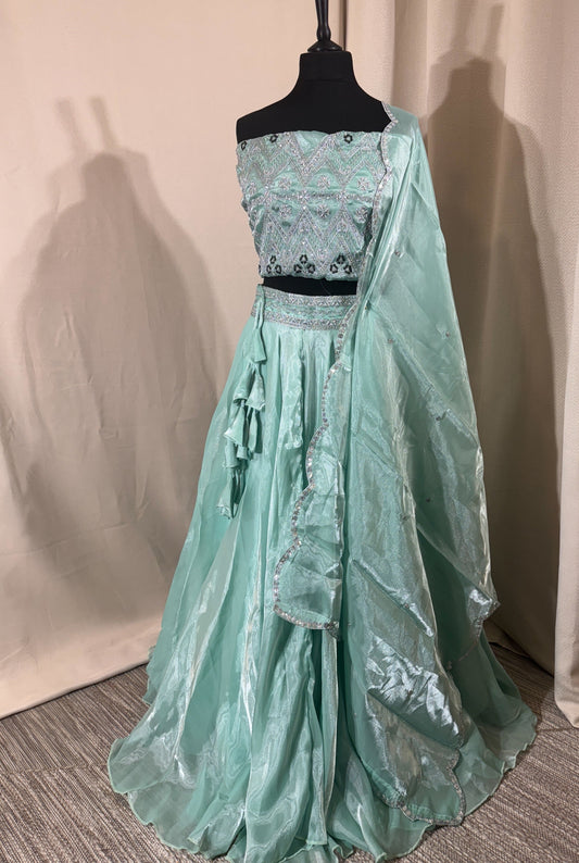 Lehenga Organza silk fluide – Vert Pastel