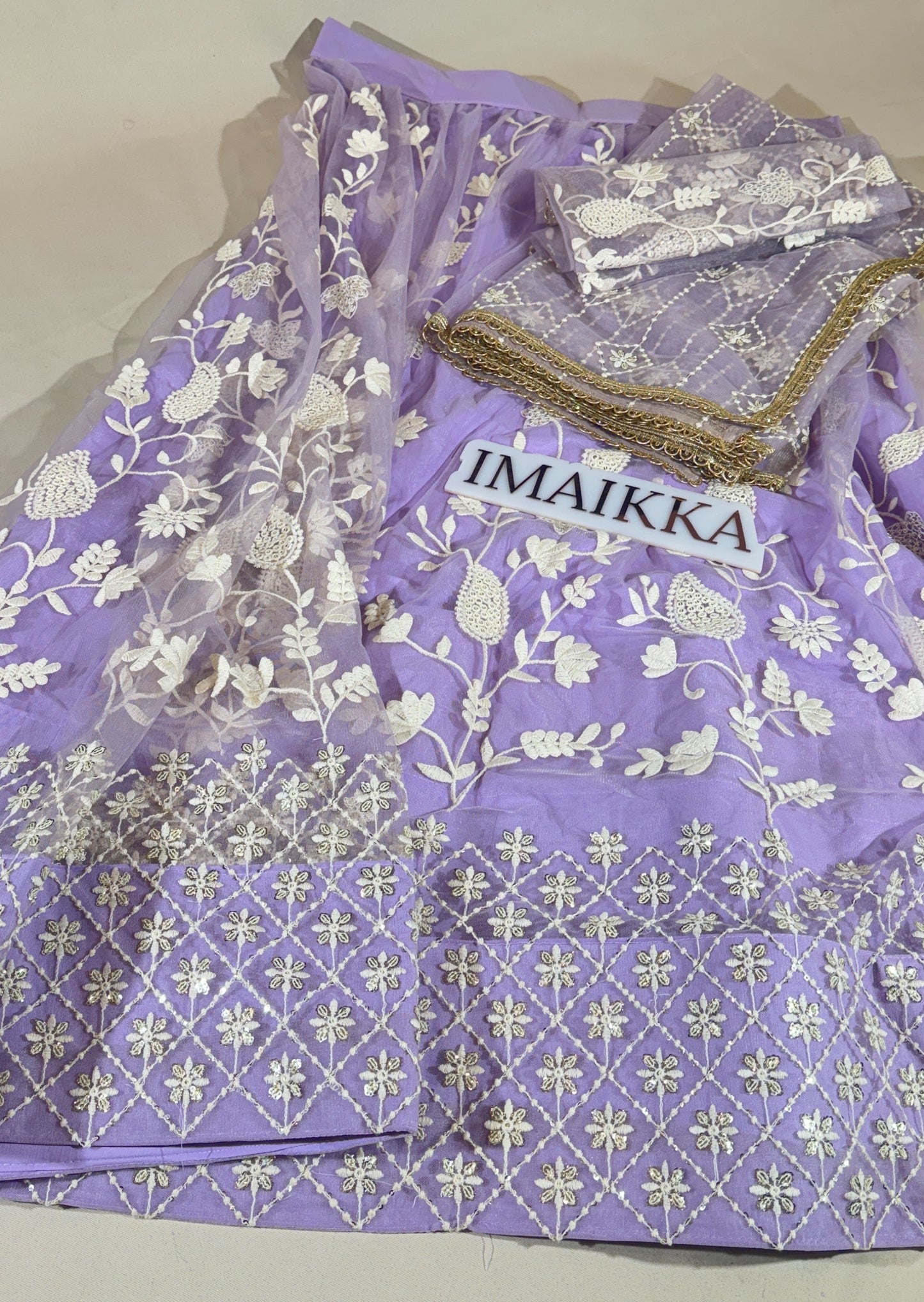 Lehenga net avec broderie Coton – Violet