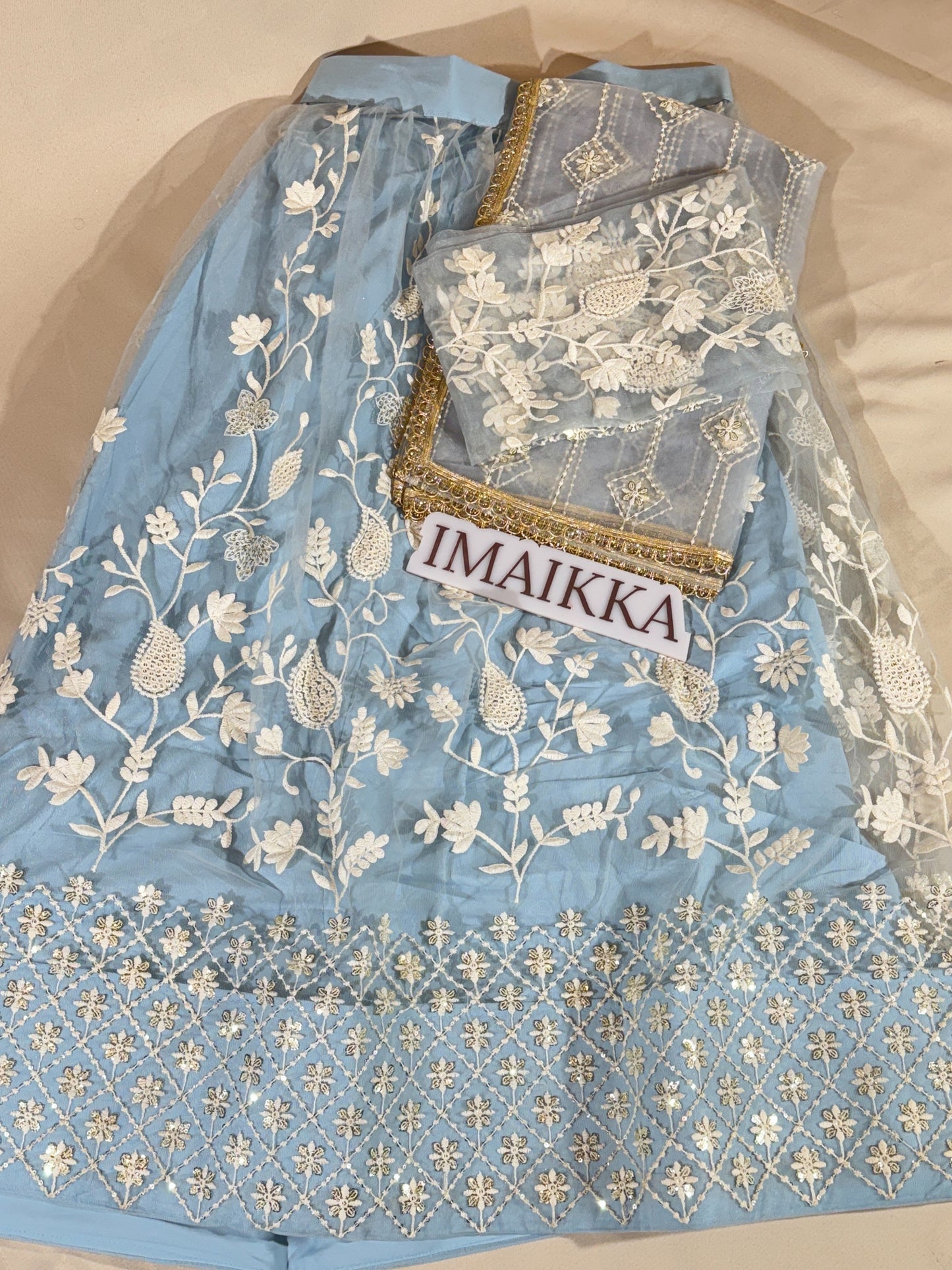 Lehenga net avec broderie Coton – bleu