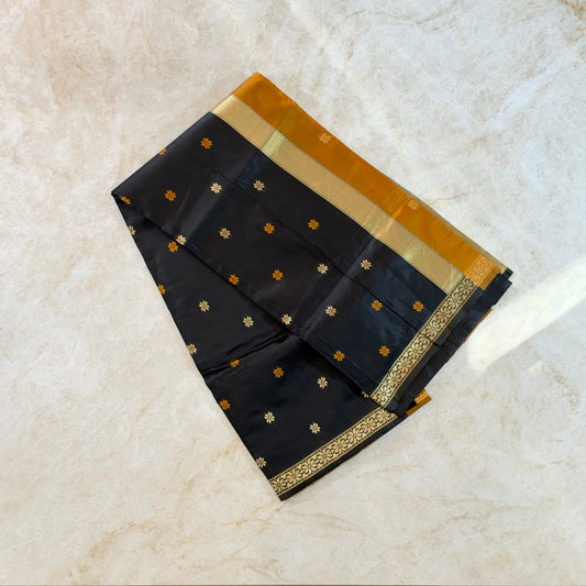 Saree Cotton fin simple – noir moutarde