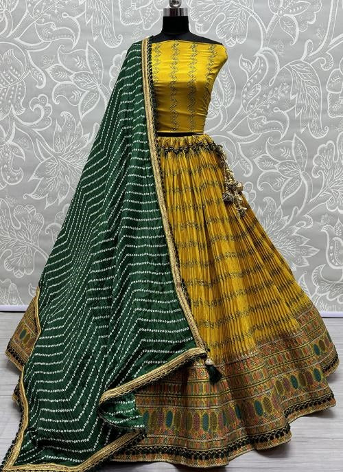 Lehenga chinon silk fluide traditionnel – Jaune / Vert