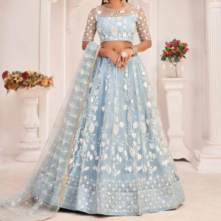 Lehenga net avec broderie Coton – bleu