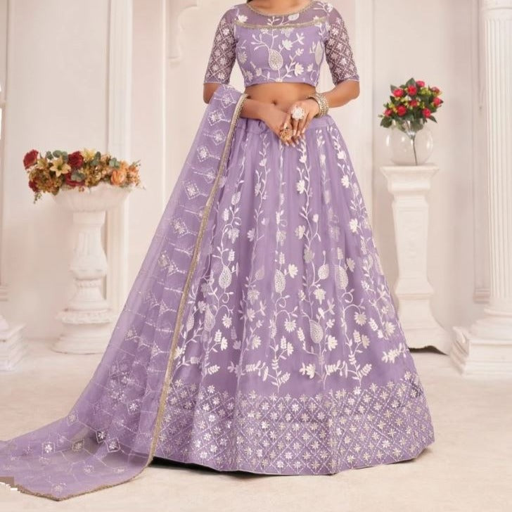 Lehenga net avec broderie Coton – Violet