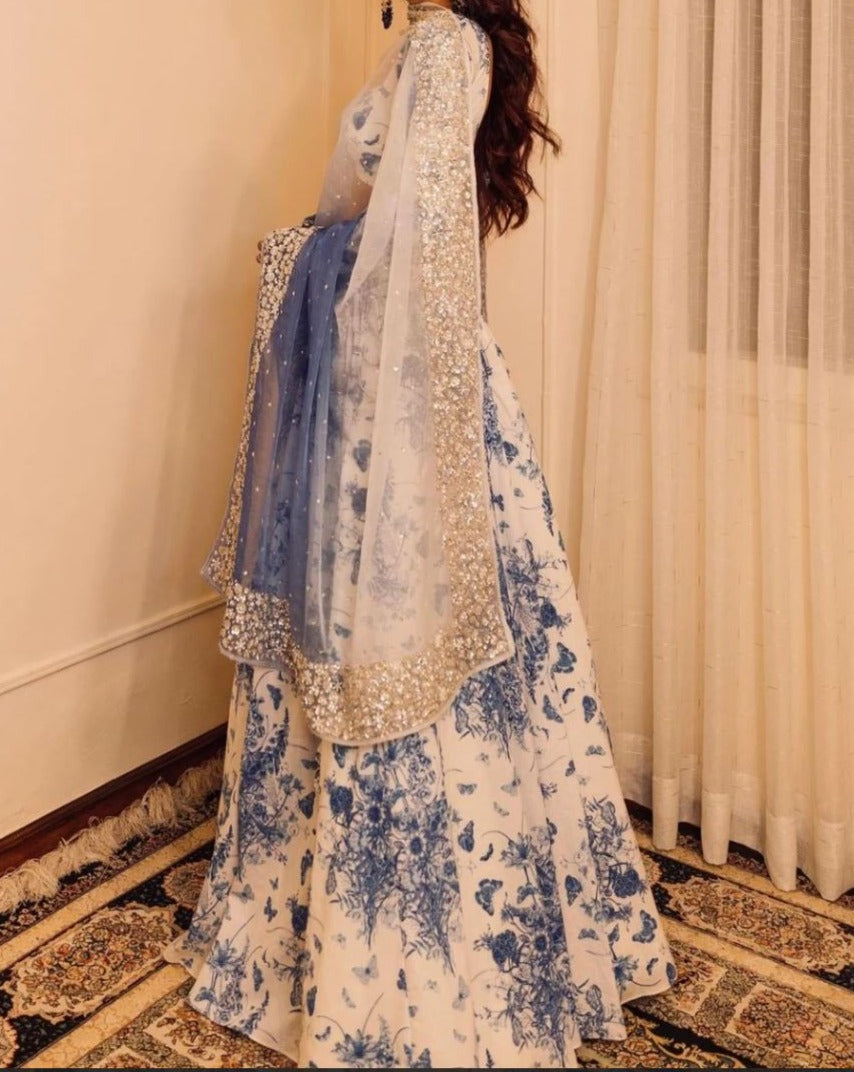 Lehenga Georgette – Blanc et bleu