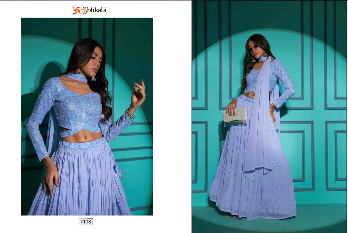 Lehenga Bleu pastel – Blouse sequin jupe plissée