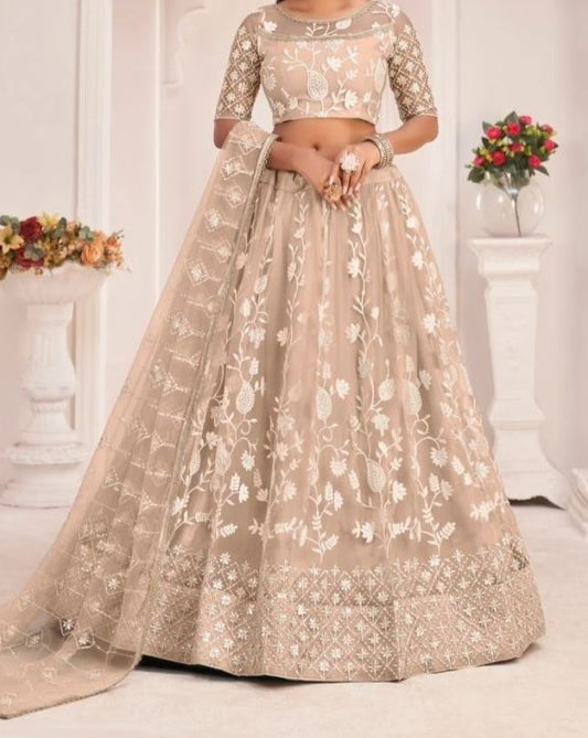 Lehenga net avec broderie Coton – Beige