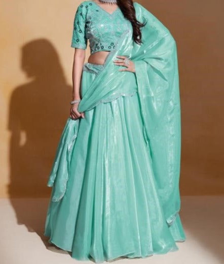 Lehenga Organza silk fluide – Vert Pastel