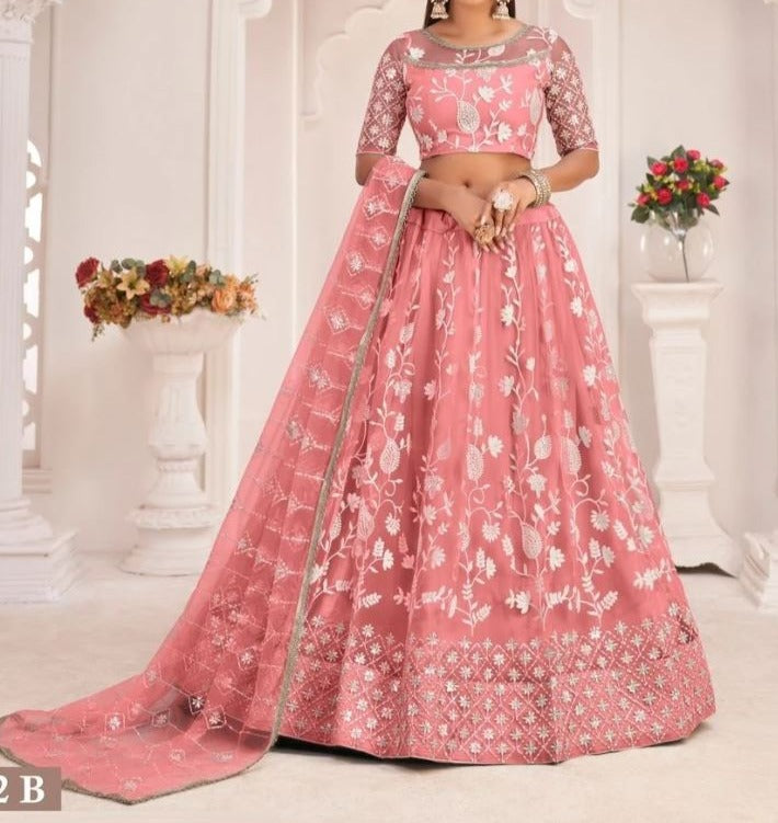 Lehenga net avec broderie Coton – Rose