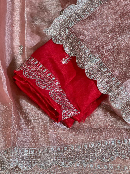 Saree fluide pastel brillant avec blouse contrastée – rose