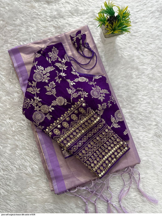 Sur commande :Saree Organza with stiched designer Blouse - Plusieurs coloris disponible